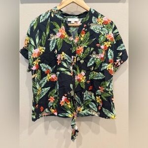 Charter Club Luxury Linen Blend Tie Front Shirt Size Large Tropical Tiger Resort